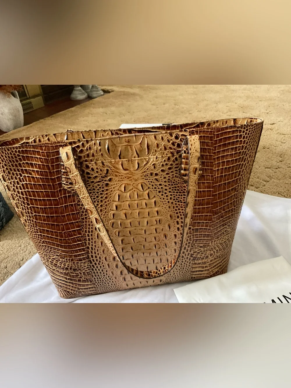 EUC Large Toasted Almond  Brahmin Tote! Beautiful Croc-Embossed!